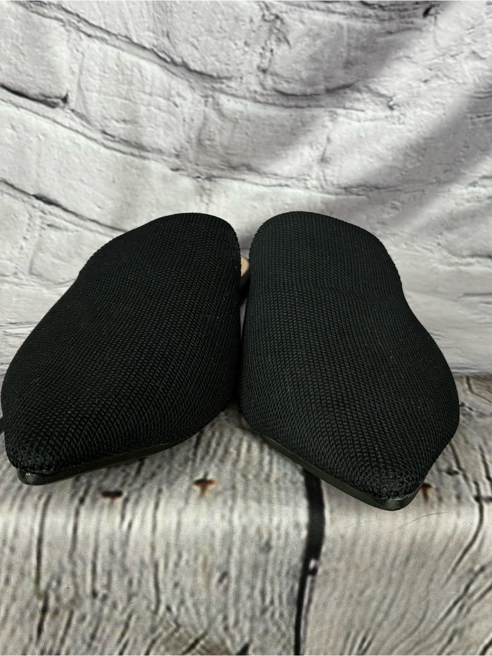 Minimalist Monochromatic Corporate Goth Black Knit Pointed Toe Slip On Mules 8 - Picture 4 of 8